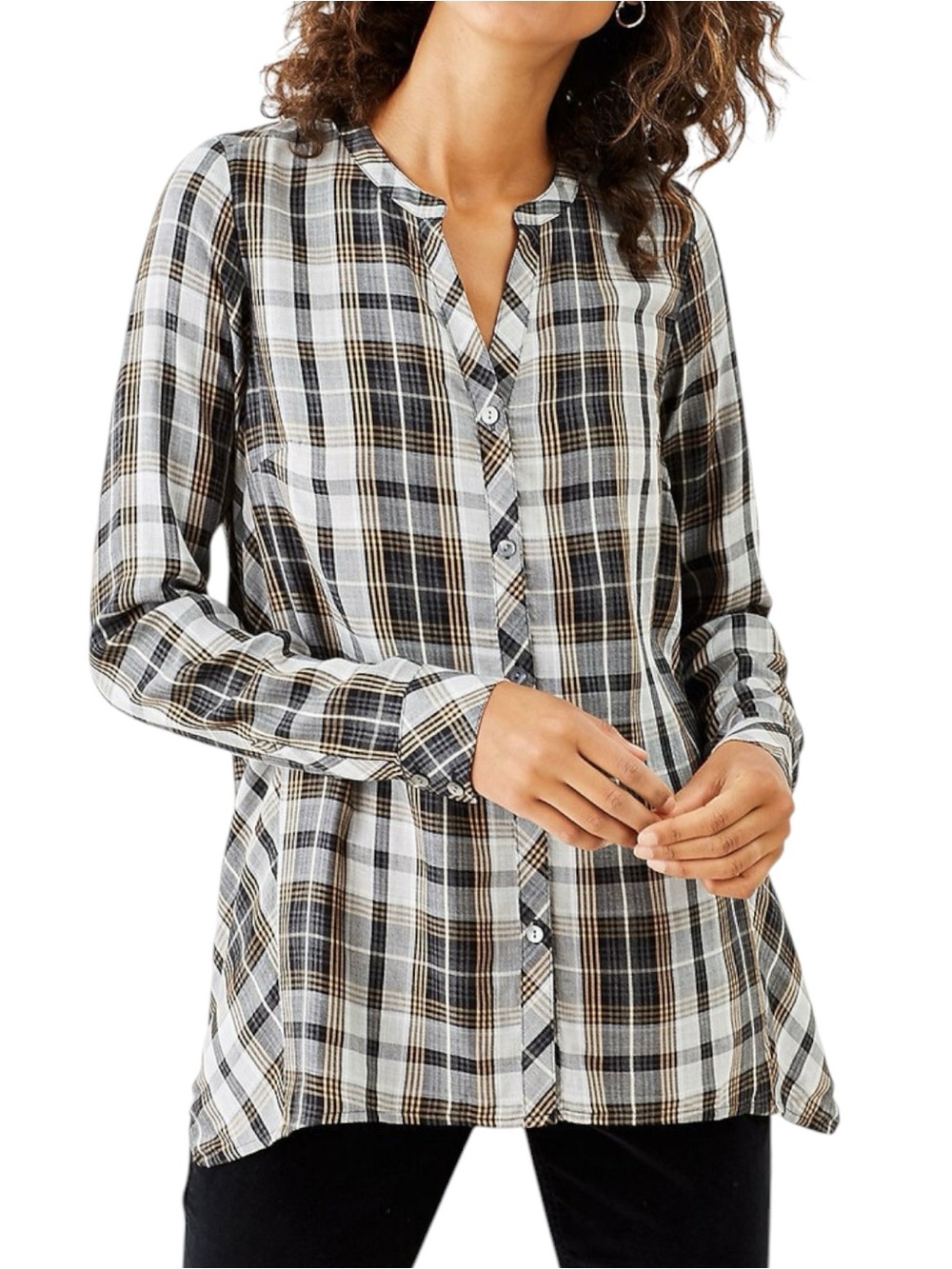 J. Jill Sz MEDIUM Fall Tartan Flannel Plaid Button Front Tunic Blouse Shirt